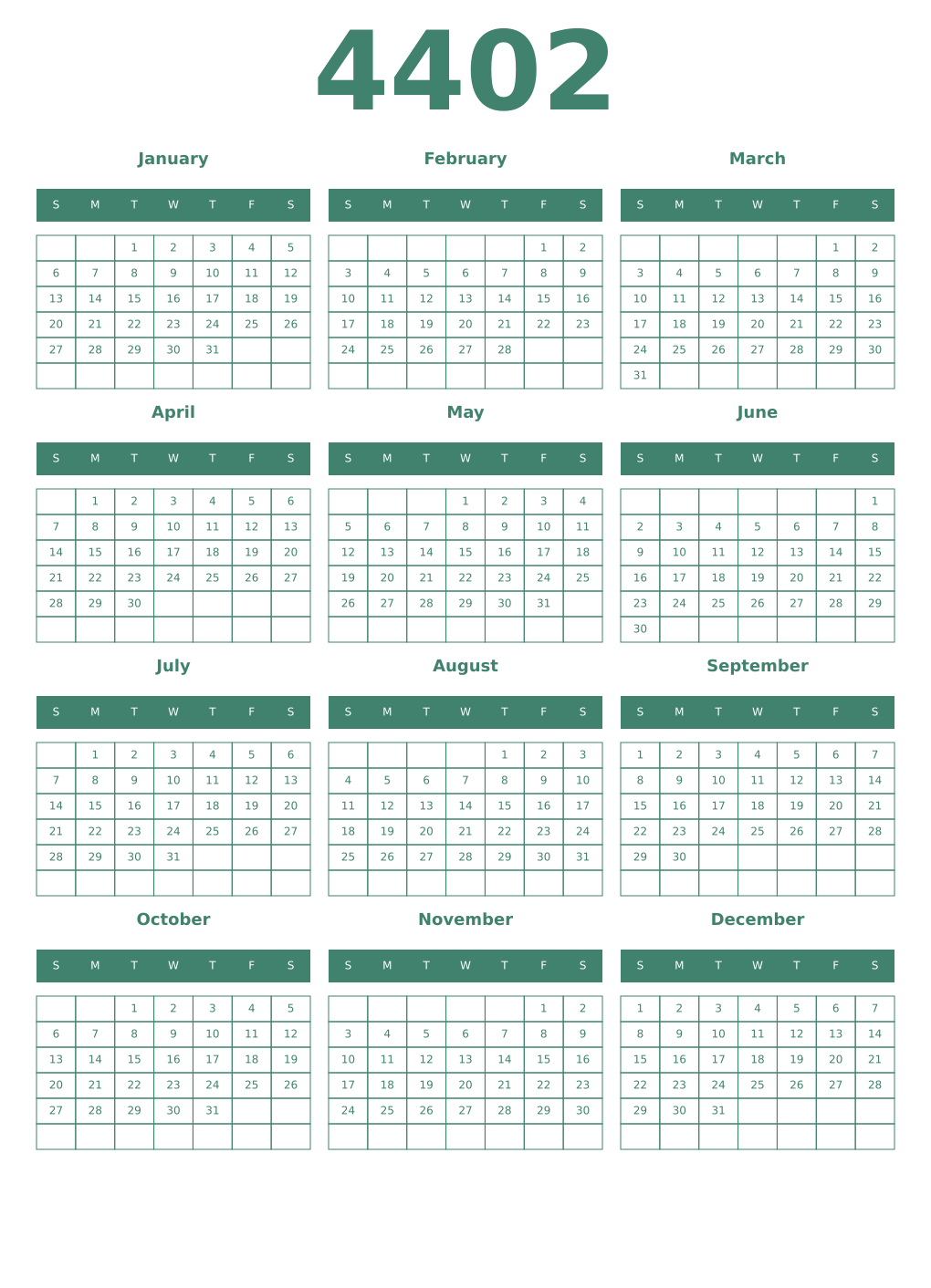 Printable 4402 Year Calendars viridian