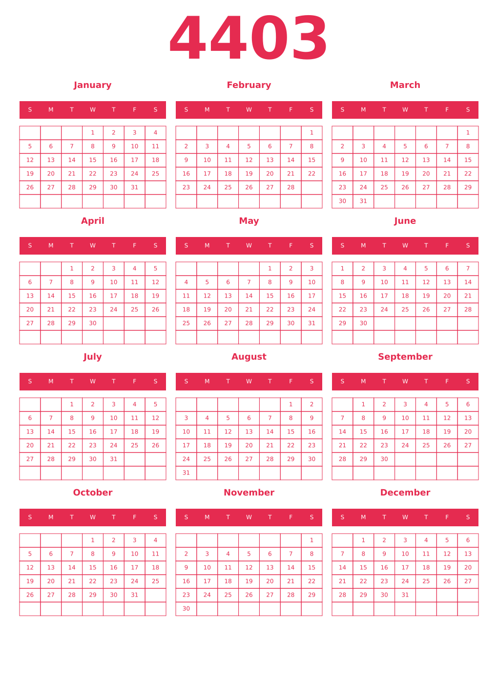 Printable 4403 Year Calendars amaranth