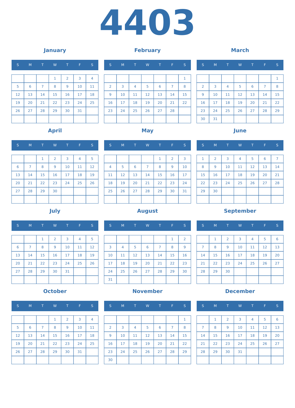 Printable 4403 Year Calendars blue