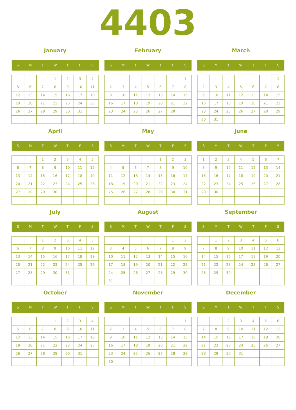 Printable 4403 Year Calendars chartreuse