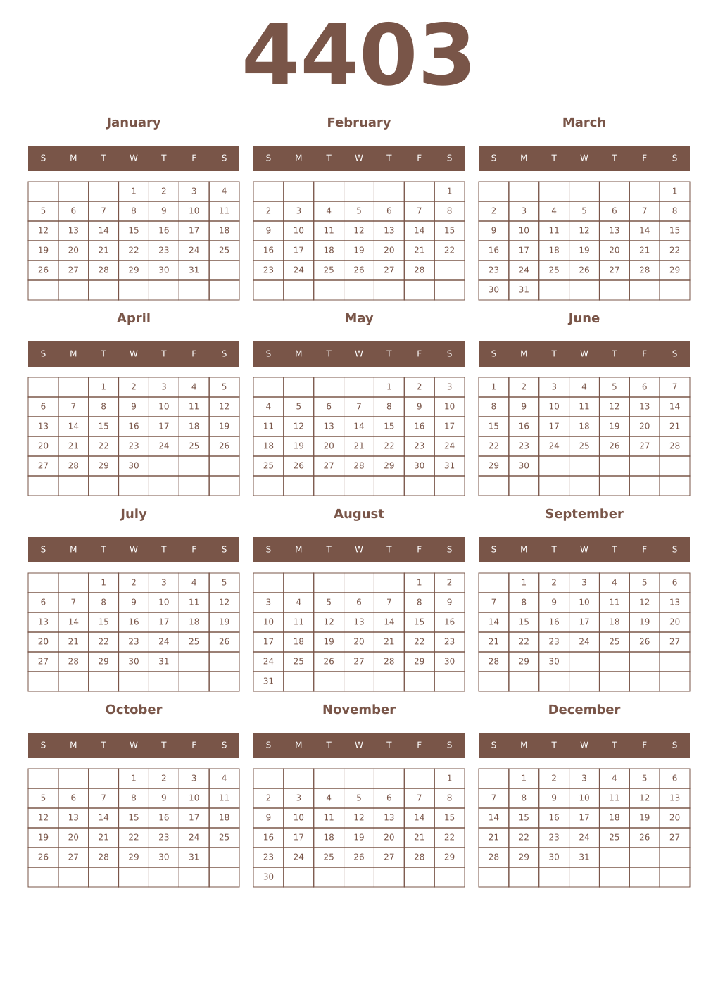 Printable 4403 Year Calendars coffe