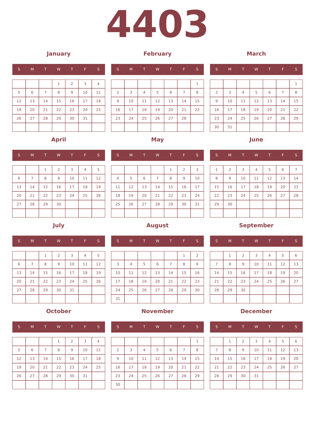 Printable 4403 Year Calendars cordovan
