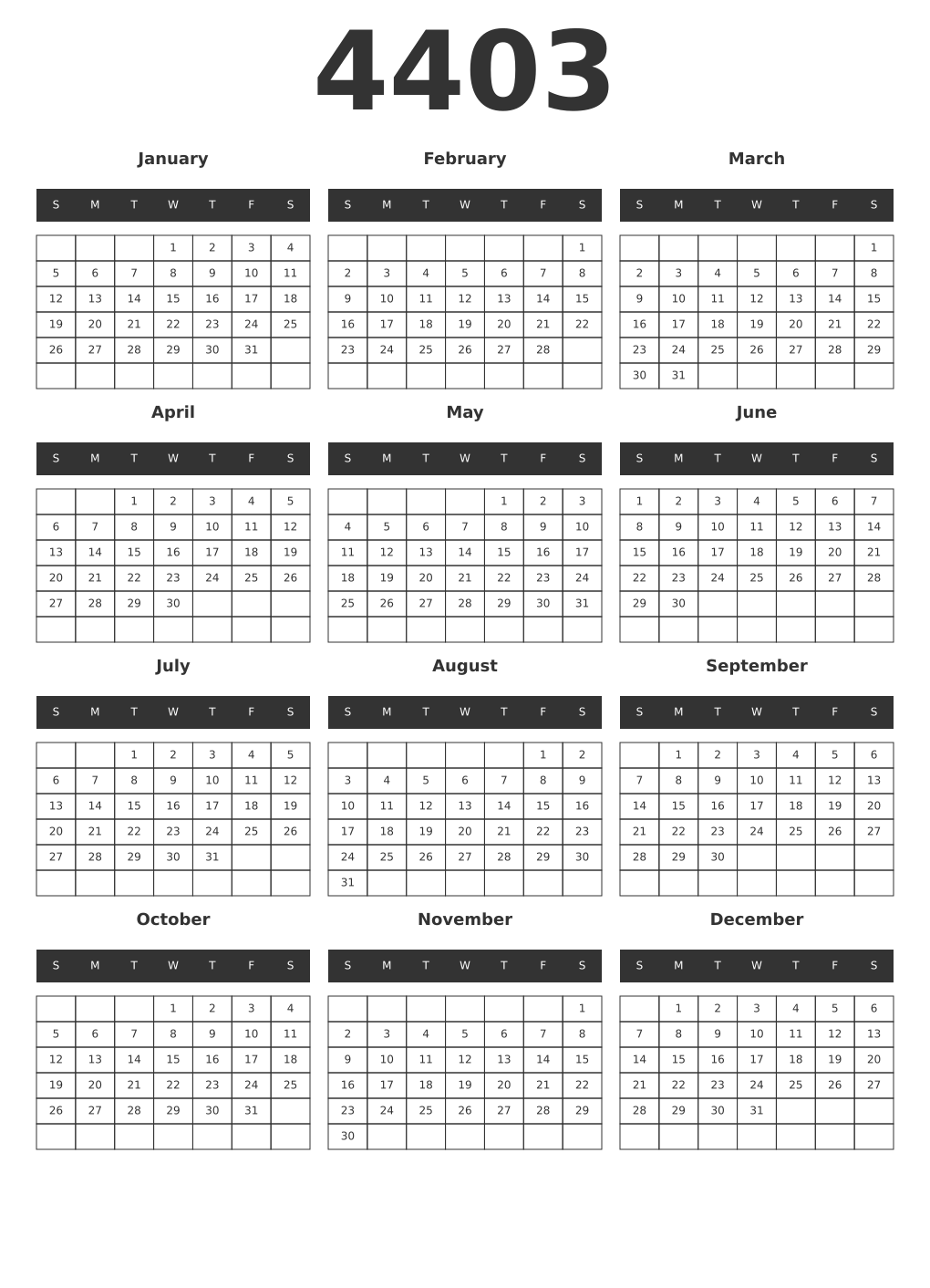 Printable 4403 Year Calendars dark