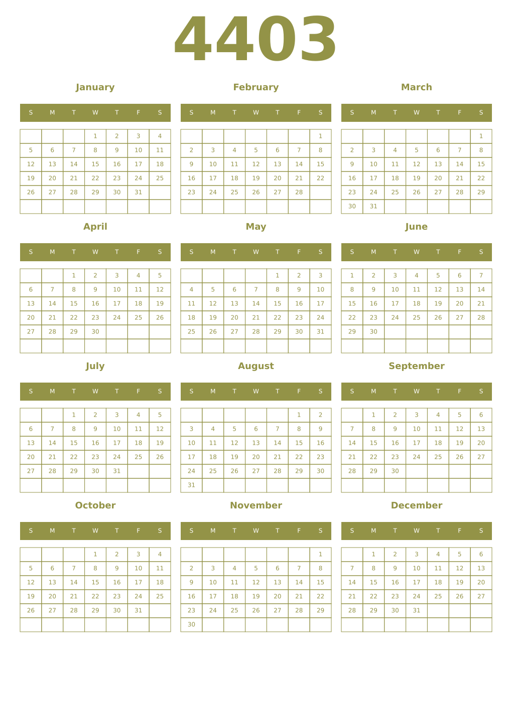 Printable 4403 Year Calendars eburnean