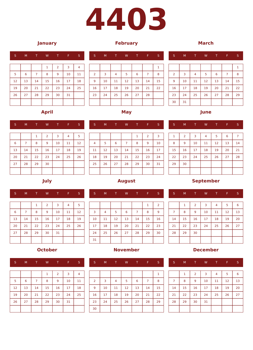Printable 4403 Year Calendars falu