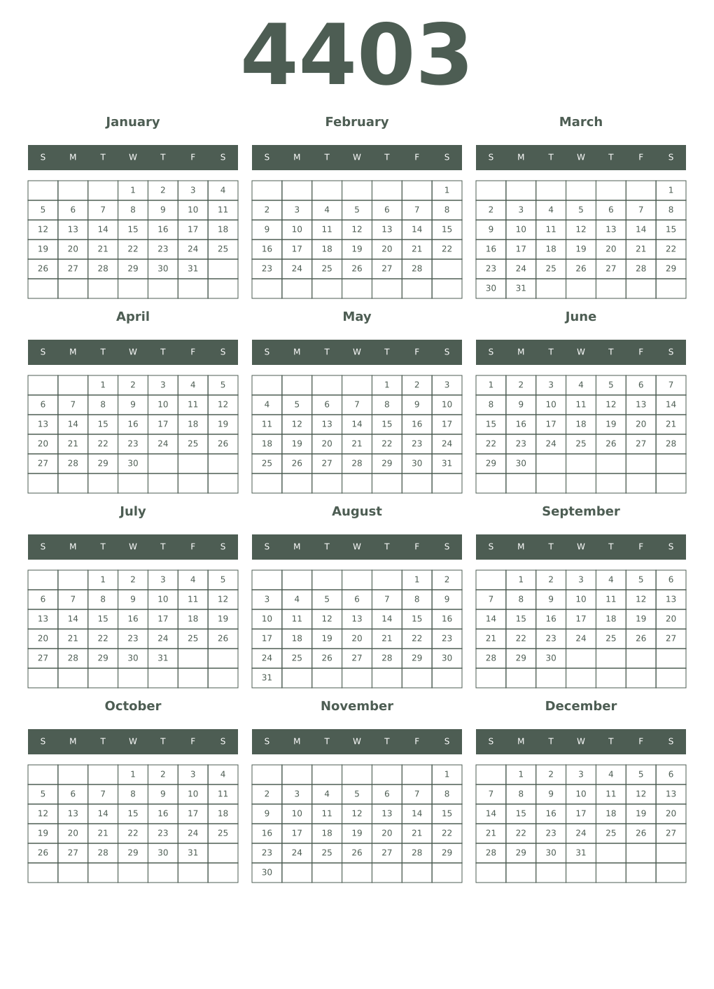 Printable 4403 Year Calendars feldgrau