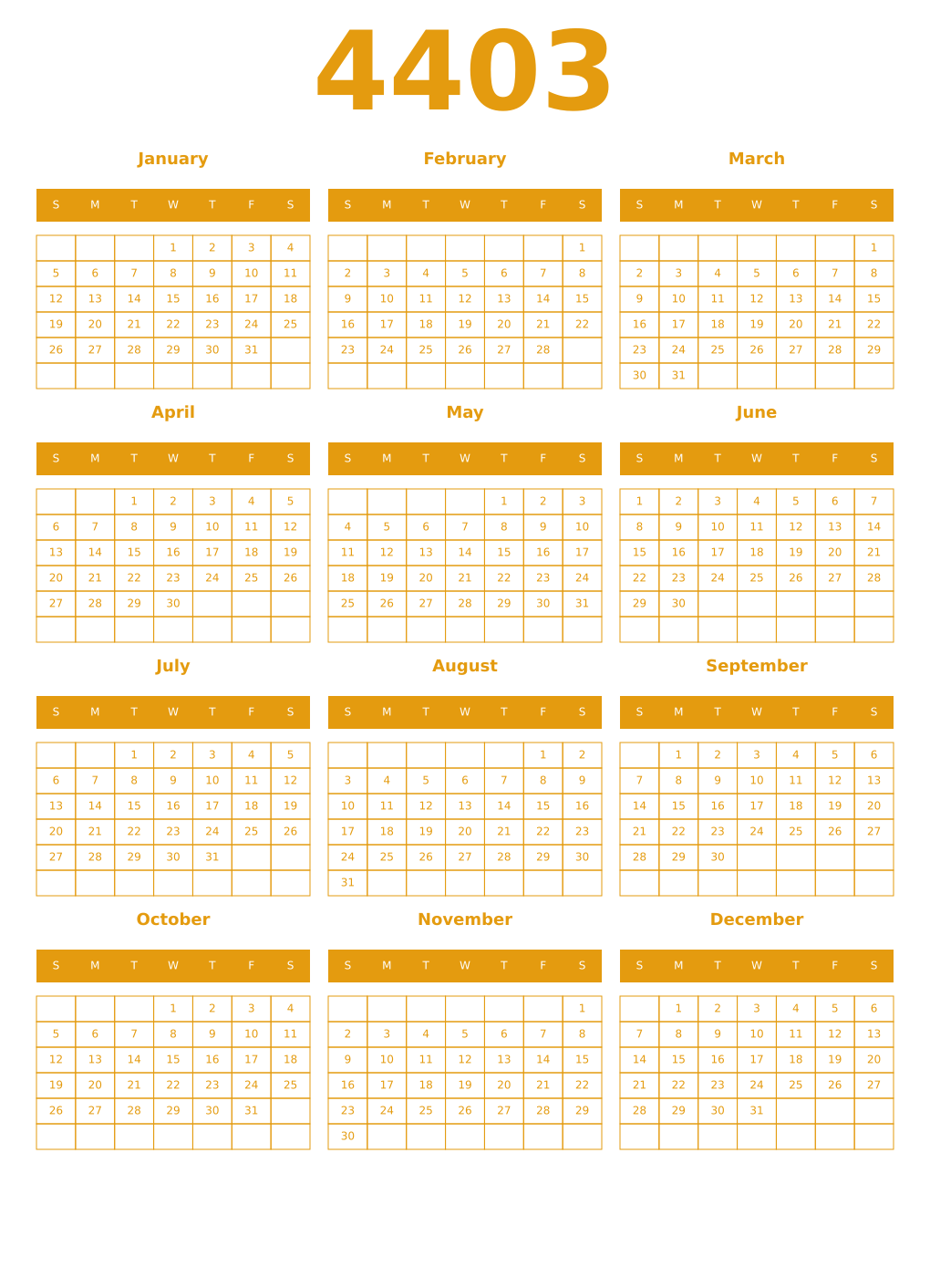 Printable 4403 Year Calendars gamboge
