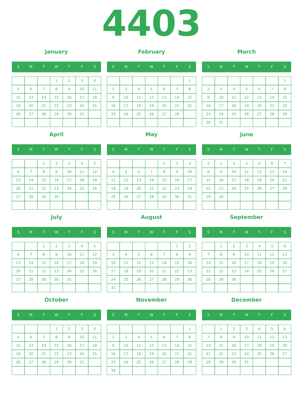 Printable 4403 Year Calendars green