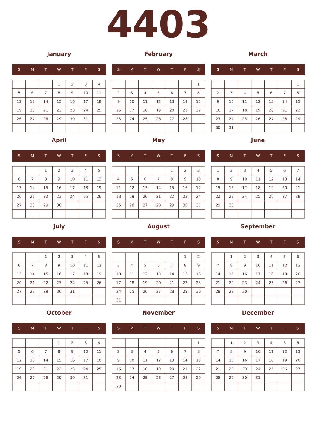Printable 4403 Year Calendars mortuum