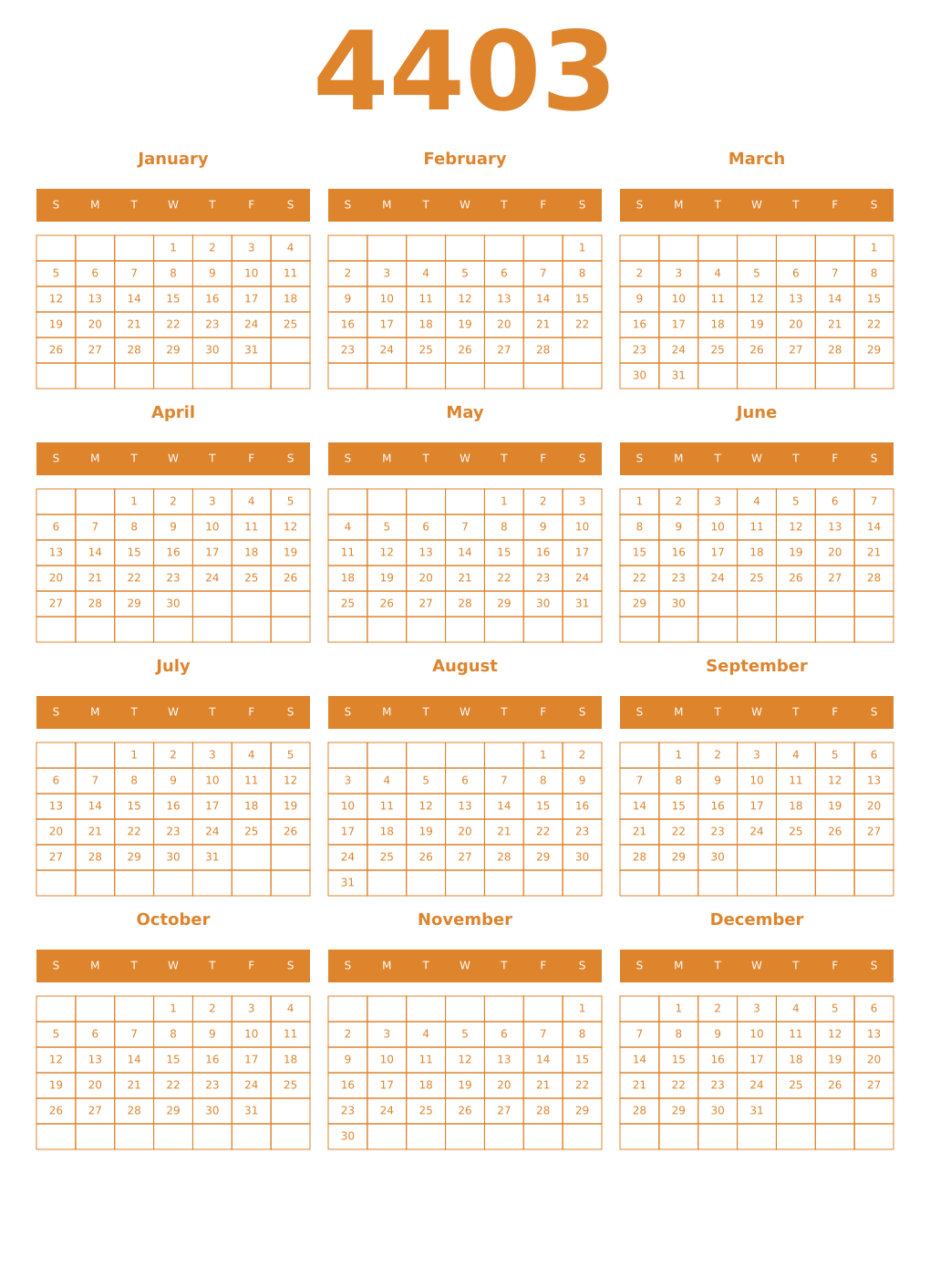 Printable 4403 Year Calendars orange