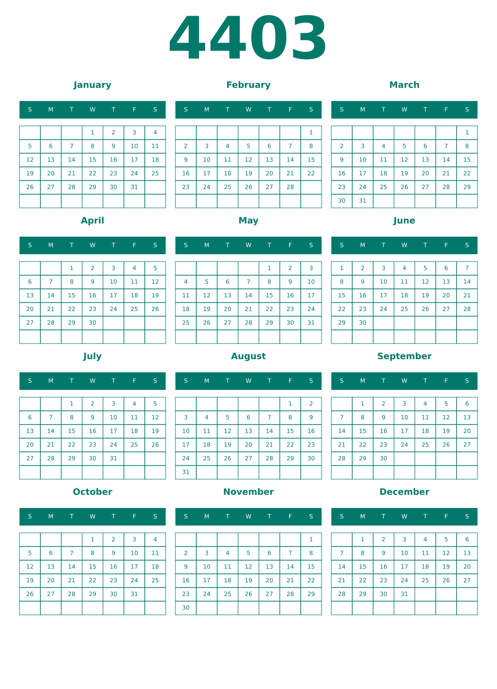 Printable 4403 Year Calendars pastel