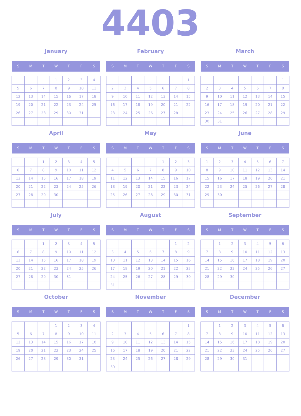 Printable 4403 Year Calendars periwinkle