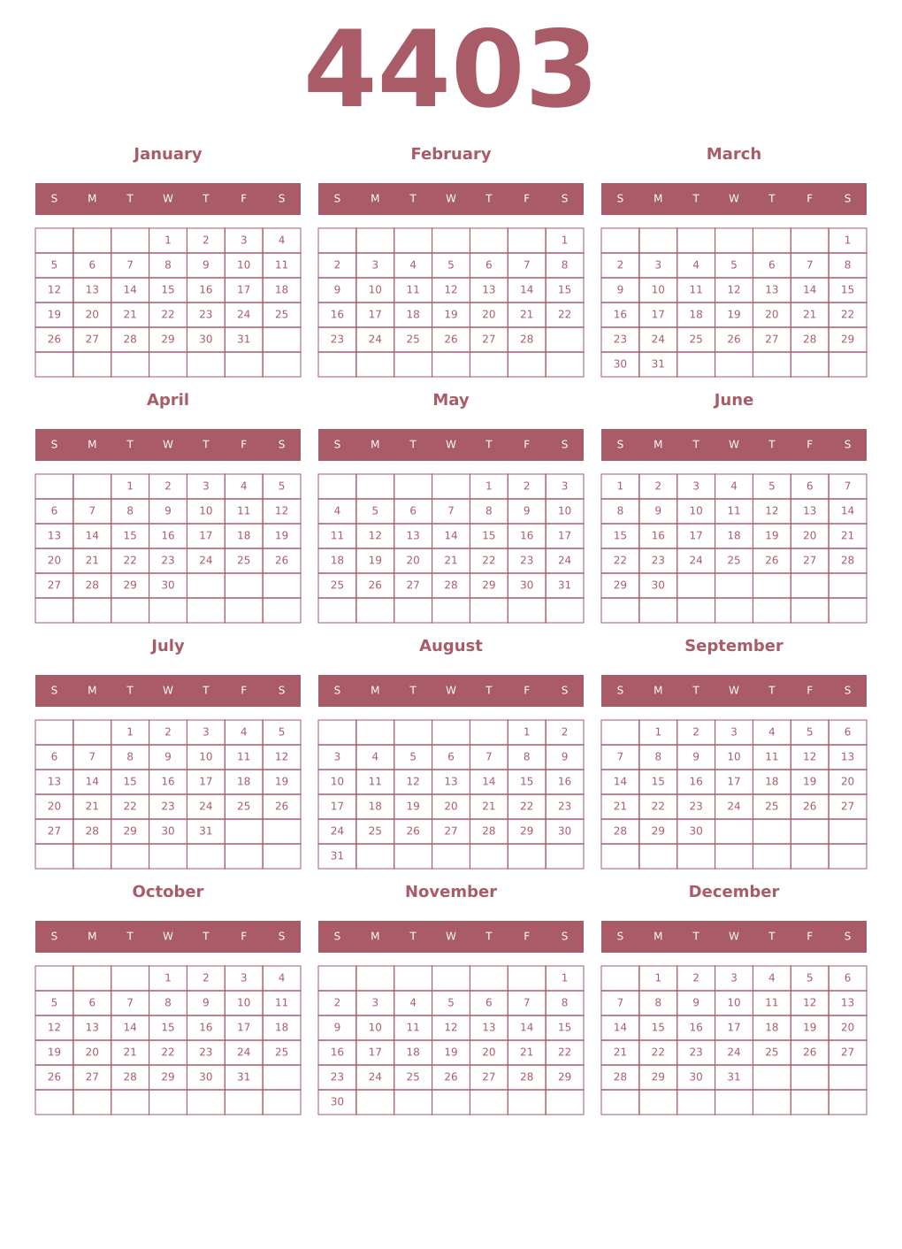 Printable 4403 Year Calendars puce