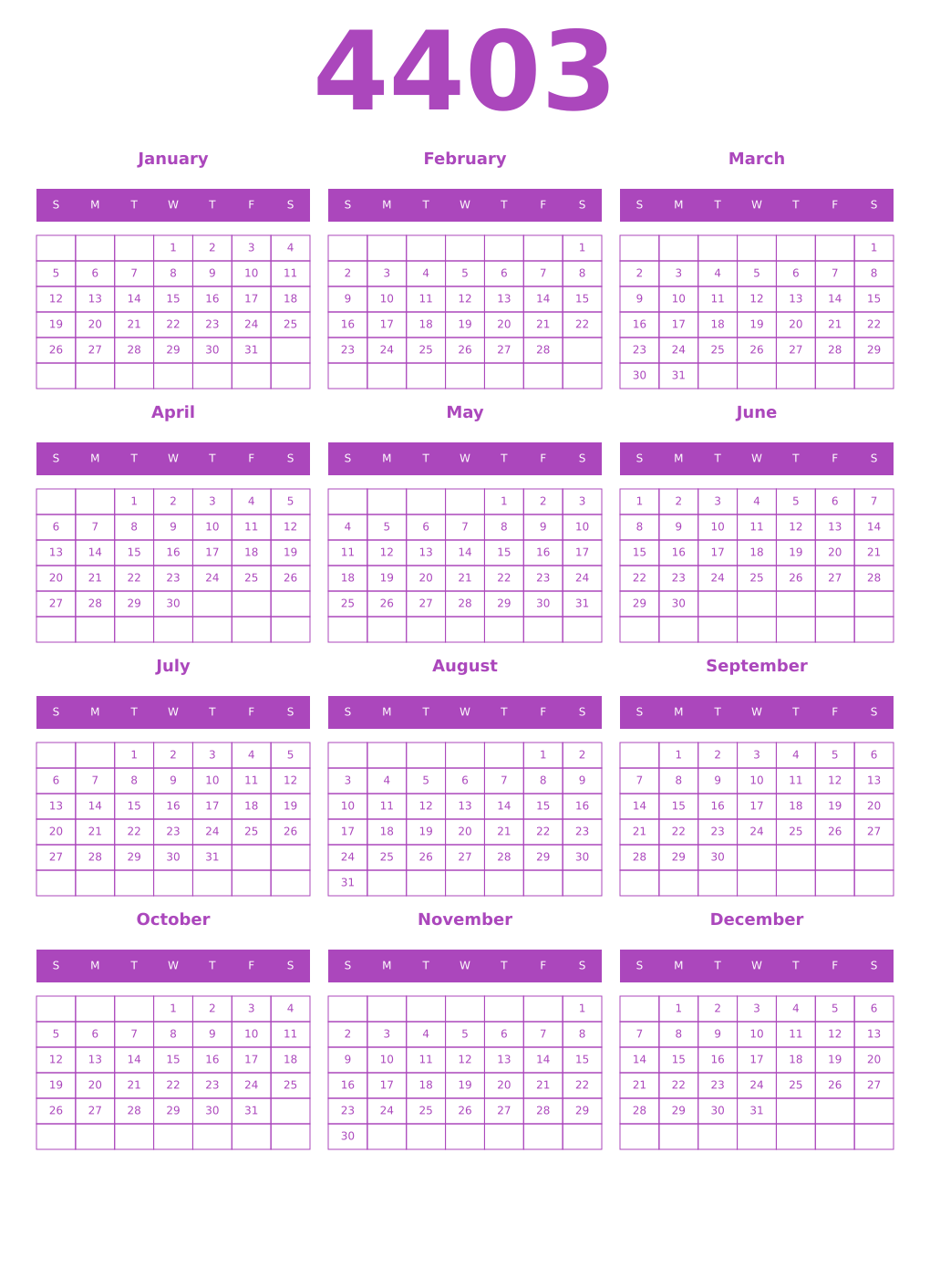 Printable 4403 Year Calendars purple