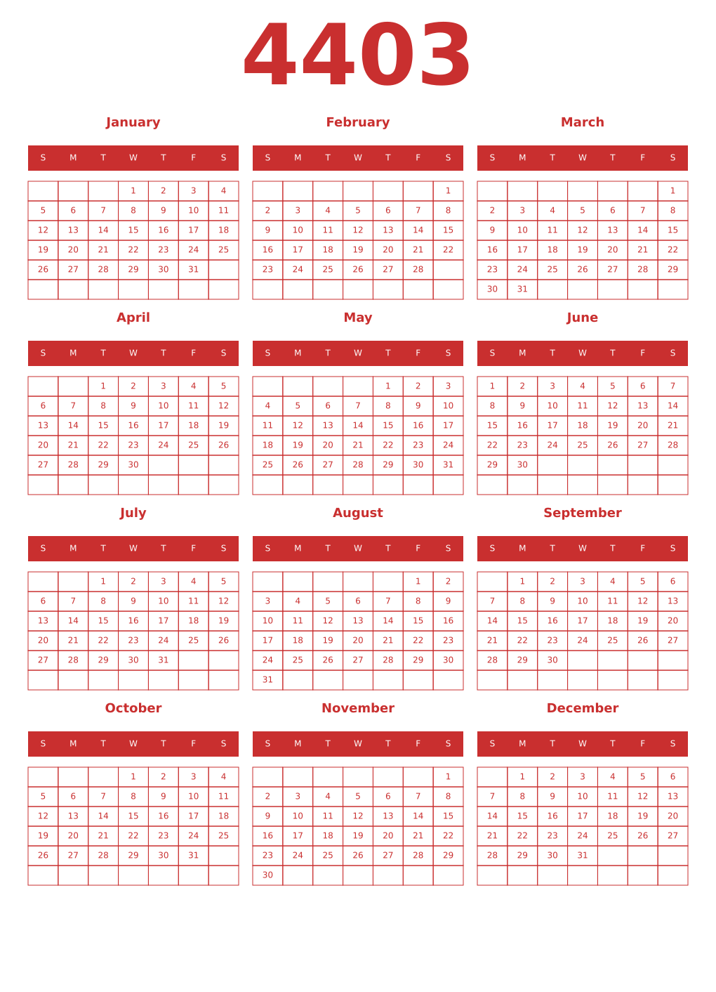 Printable 4403 Year Calendars red