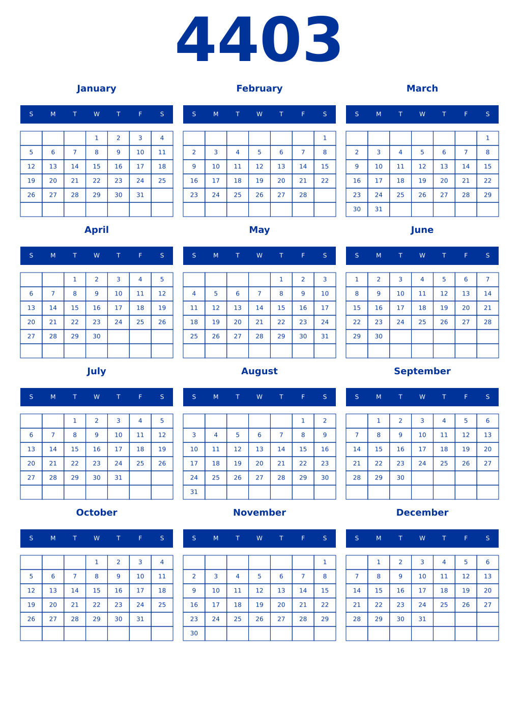 Printable 4403 Year Calendars smalt
