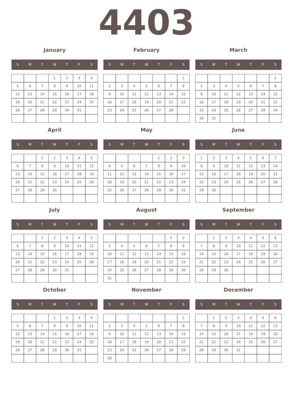Printable 4403 Year Calendars wenge