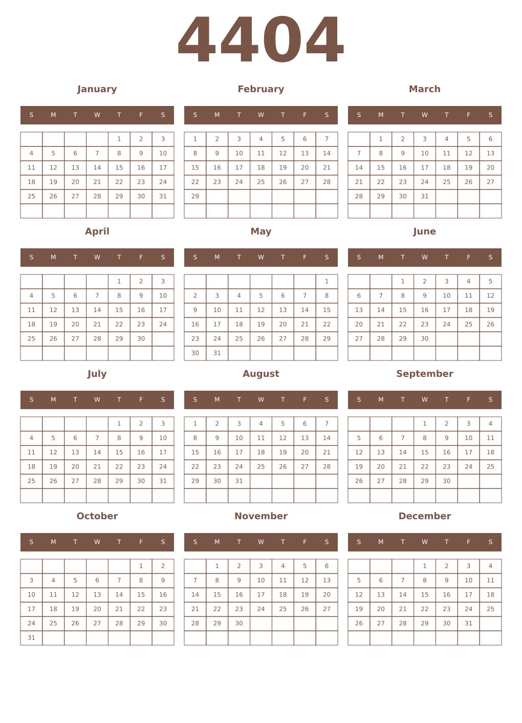 Printable 4404 Year Calendars coffe