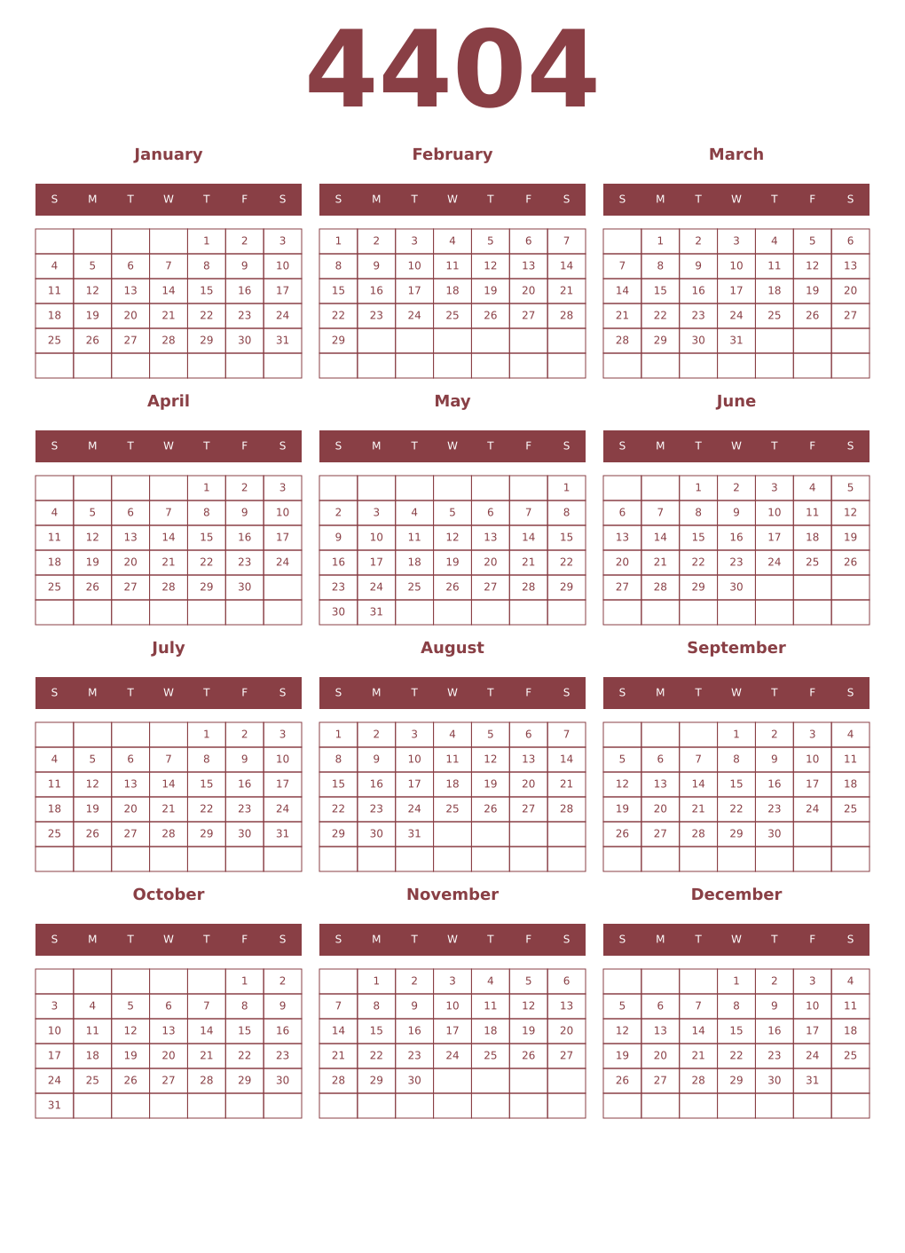Printable 4404 Year Calendars cordovan