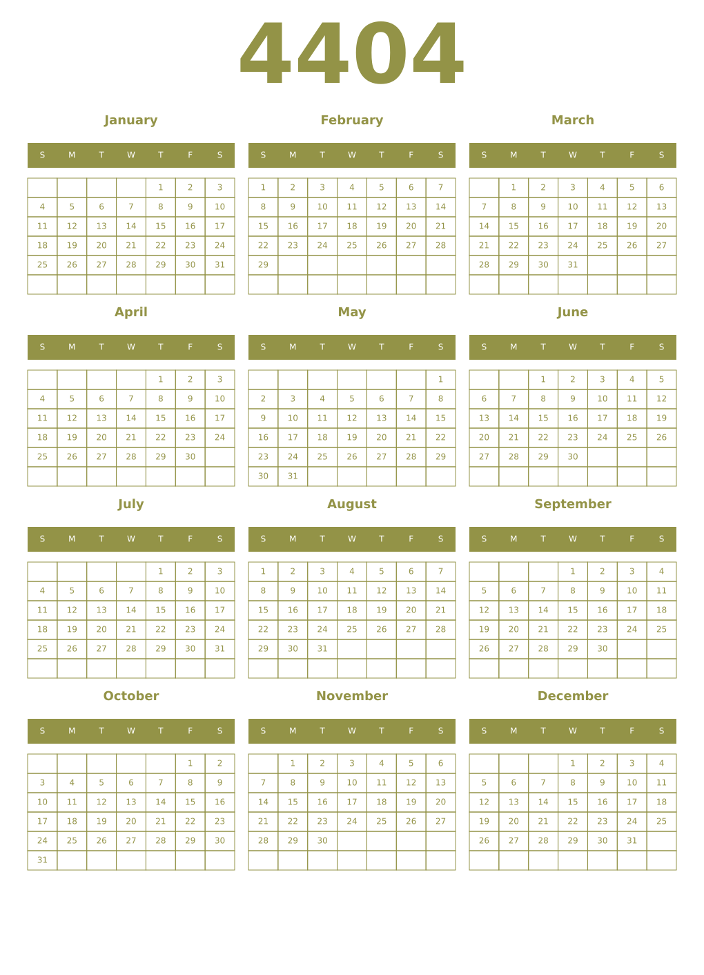 Printable 4404 Year Calendars eburnean