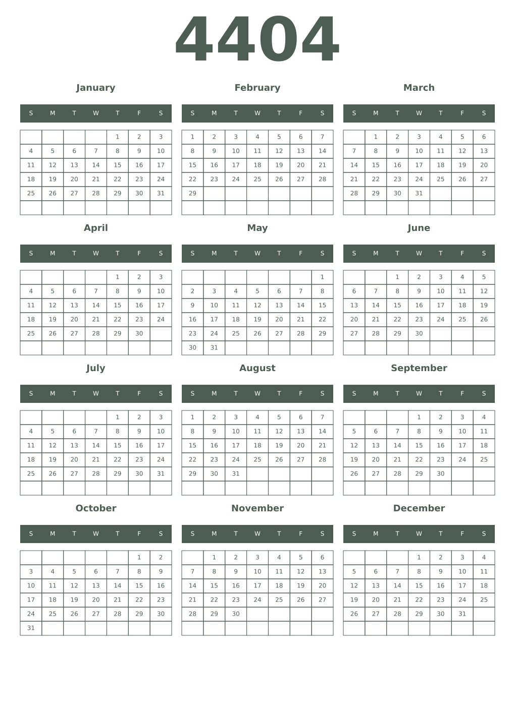 Printable 4404 Year Calendars feldgrau
