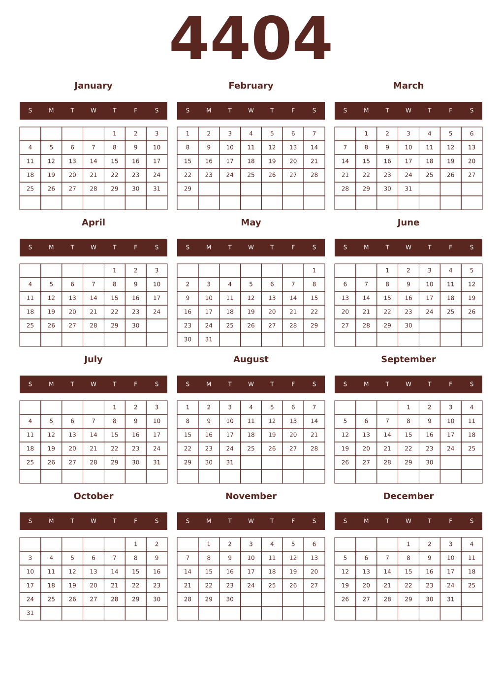 Printable 4404 Year Calendars mortuum