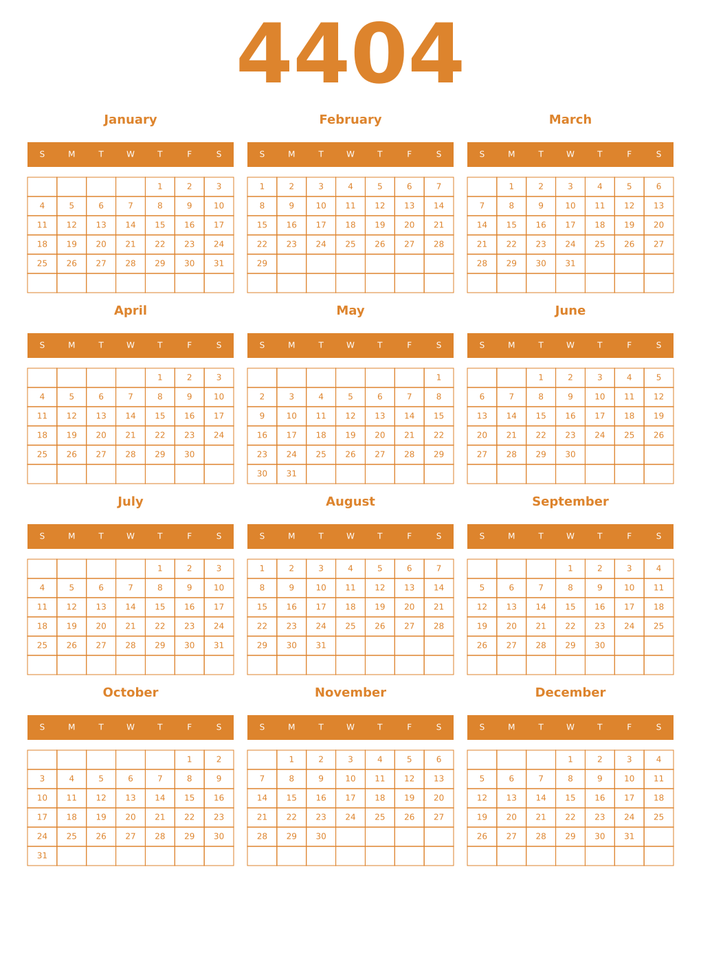 Printable 4404 Year Calendars orange