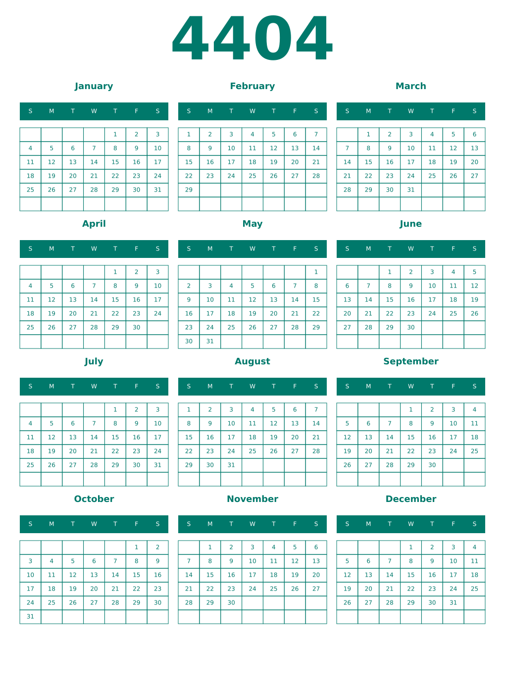 Printable 4404 Year Calendars pastel