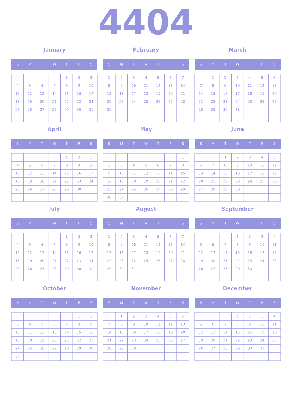 Printable 4404 Year Calendars periwinkle