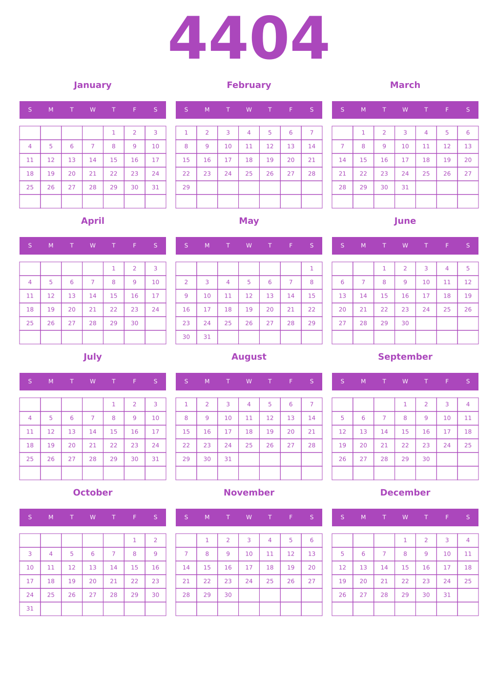 Printable 4404 Year Calendars purple