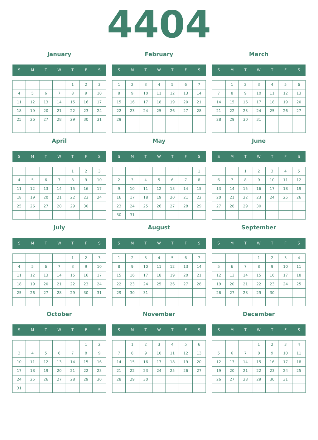 Printable 4404 Year Calendars viridian