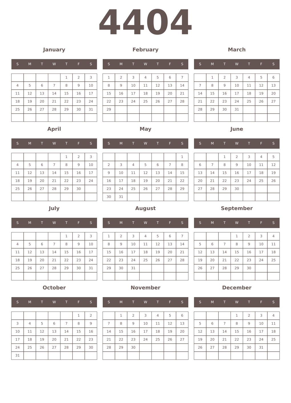 Printable 4404 Year Calendars wenge