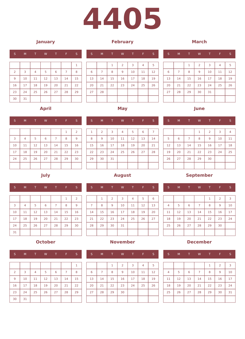 Printable 4405 Year Calendars cordovan