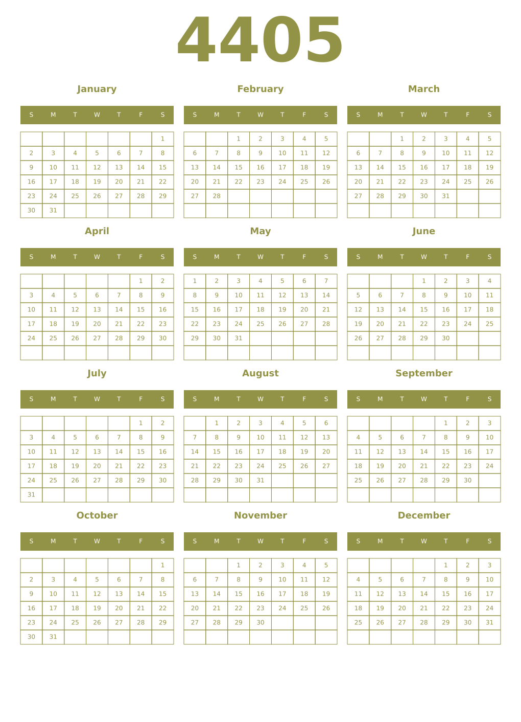 Printable 4405 Year Calendars eburnean