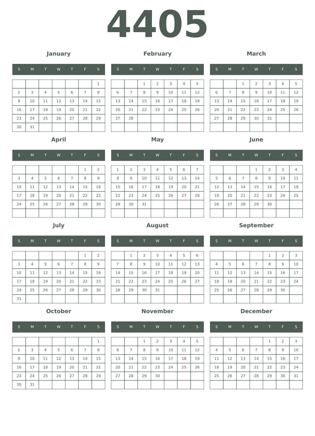 Printable 4405 Year Calendars feldgrau