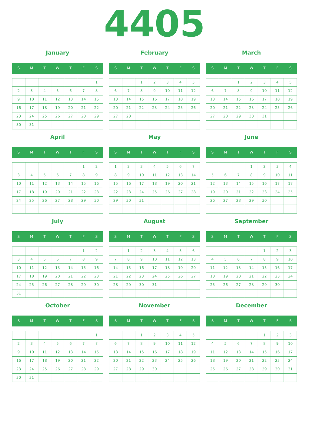 Printable 4405 Year Calendars green