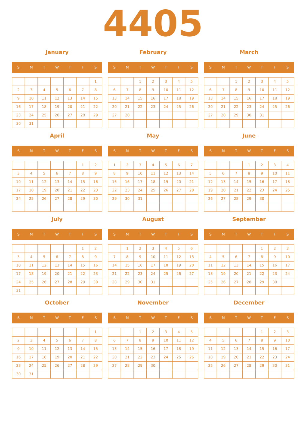 Printable 4405 Year Calendars orange