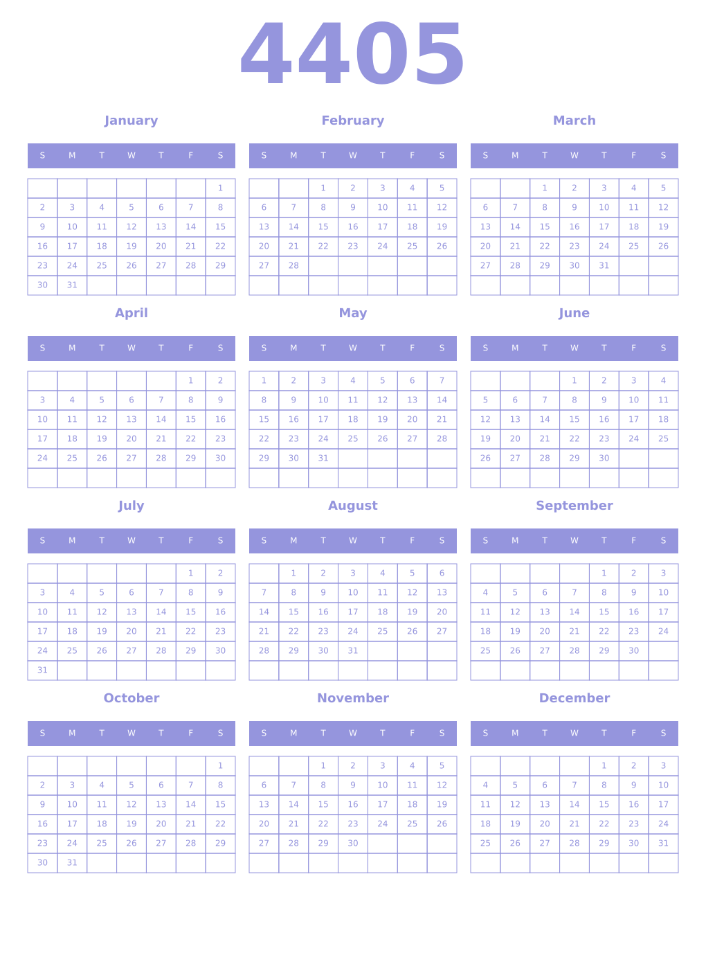 Printable 4405 Year Calendars periwinkle