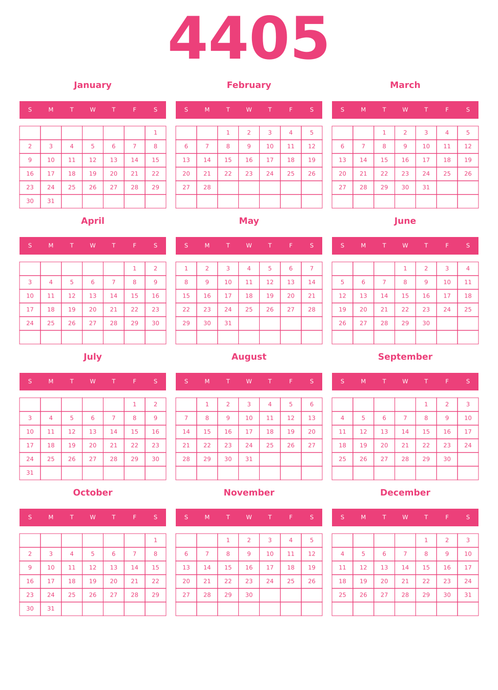 Printable 4405 Year Calendars pink