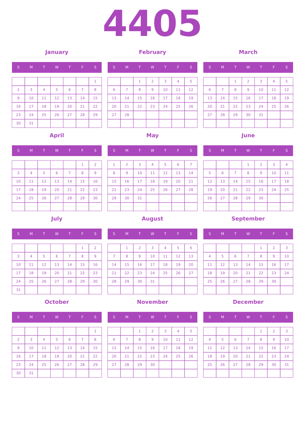 Printable 4405 Year Calendars purple
