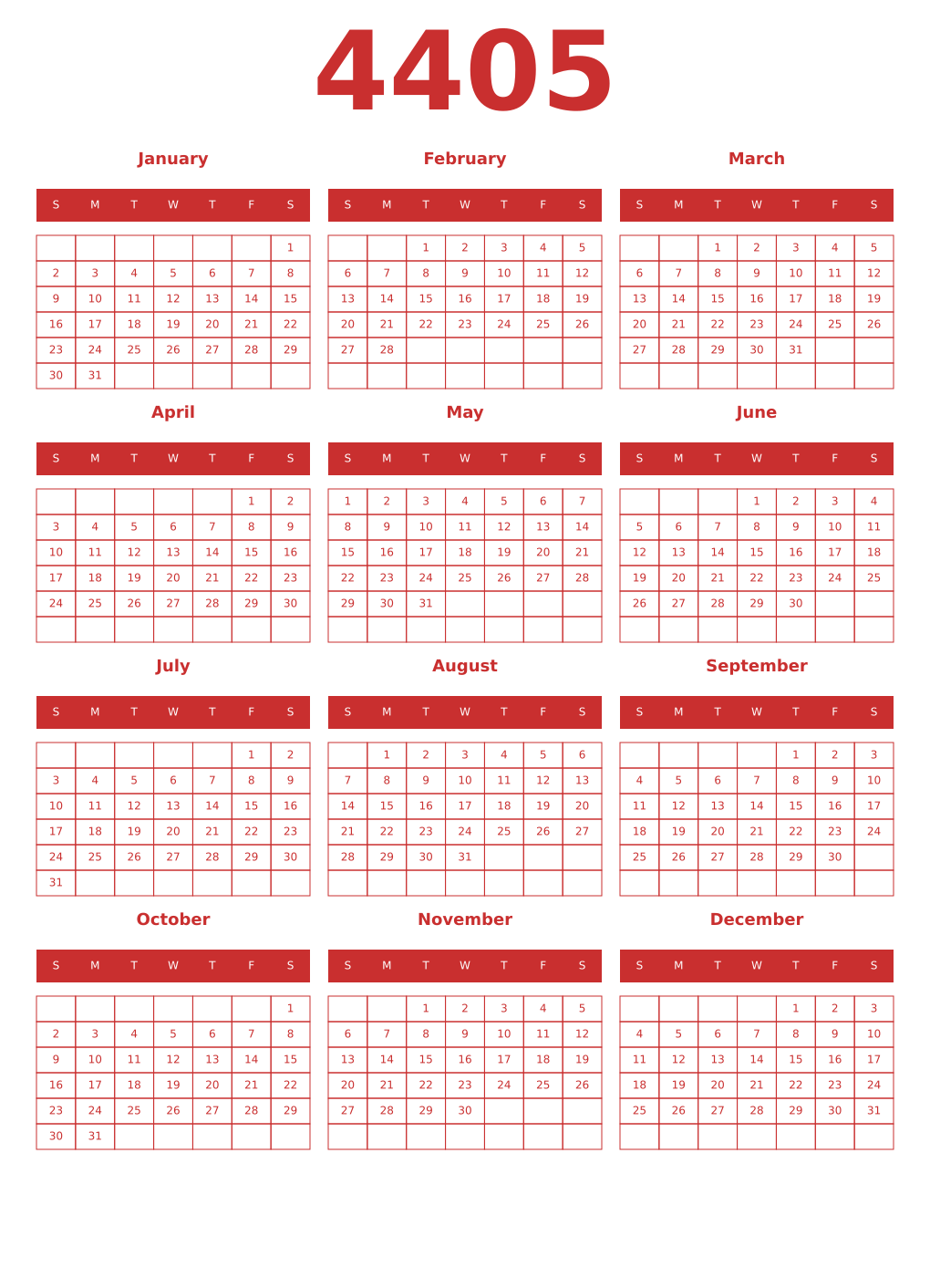 Printable 4405 Year Calendars red