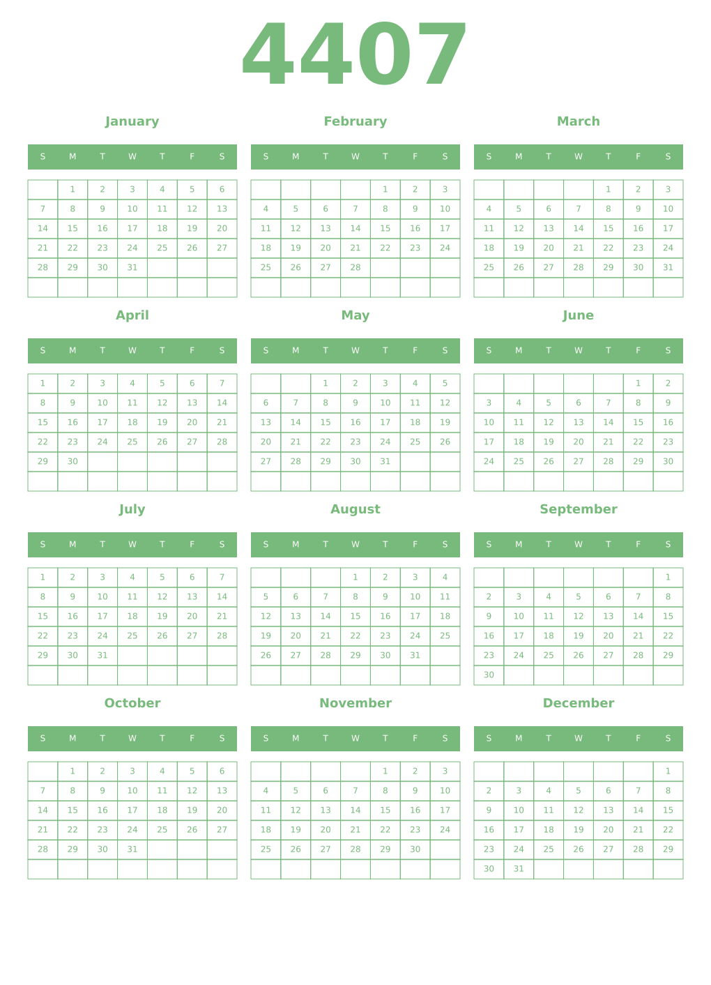 Printable 4407 Year Calendars celadon