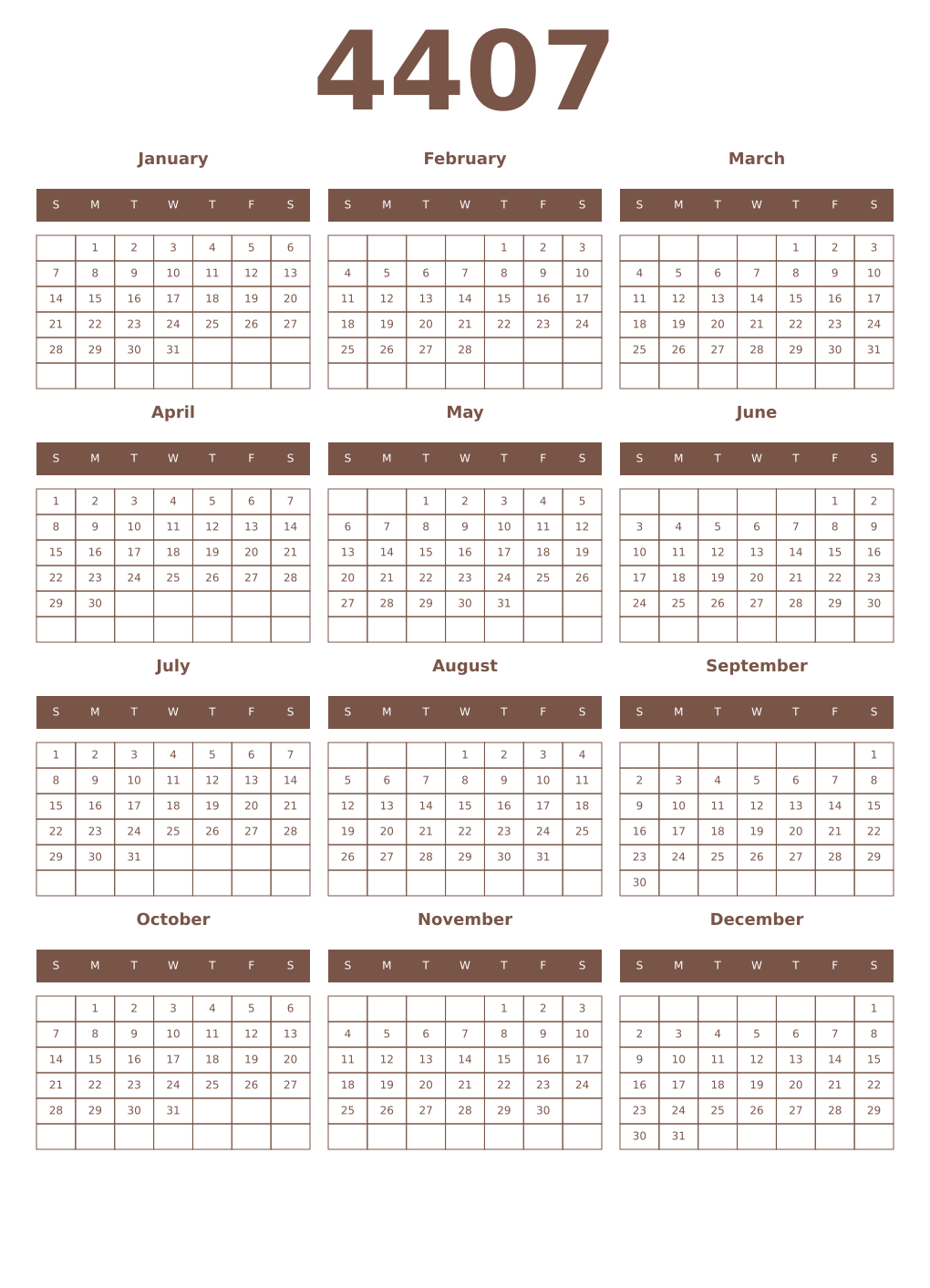 Printable 4407 Year Calendars coffe