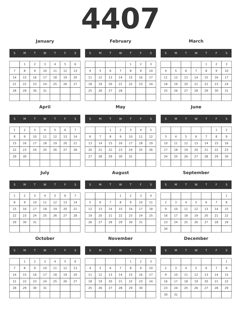 Printable 4407 Year Calendars dark