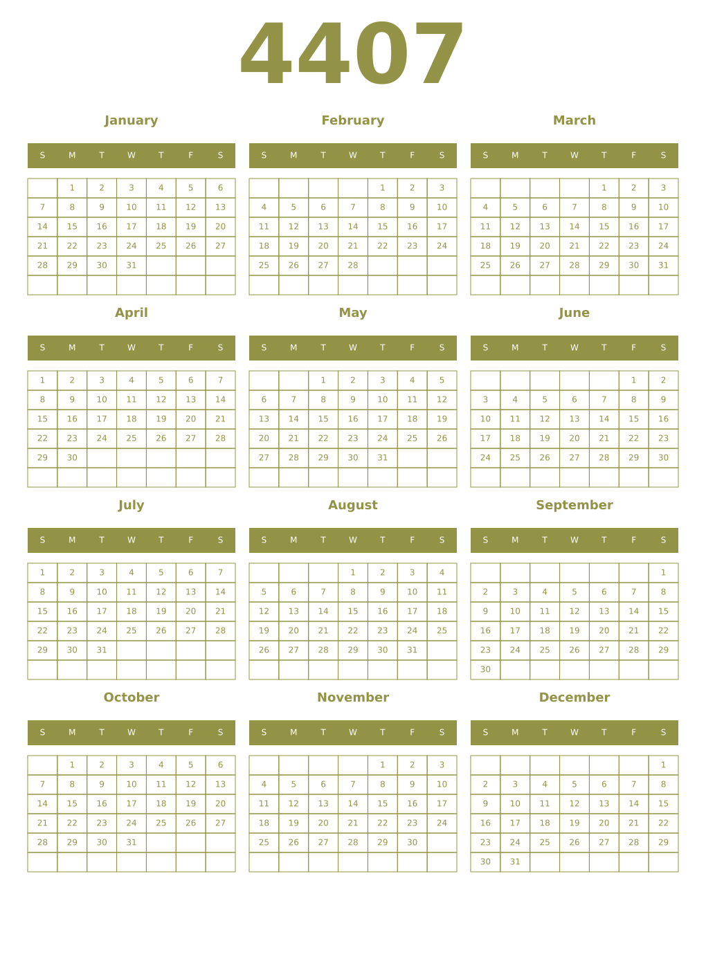 Printable 4407 Year Calendars eburnean