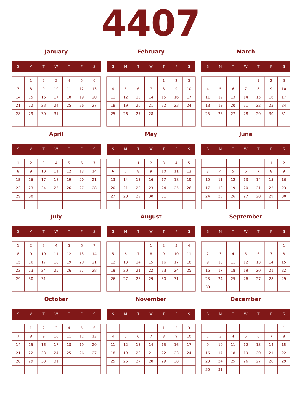 Printable 4407 Year Calendars falu
