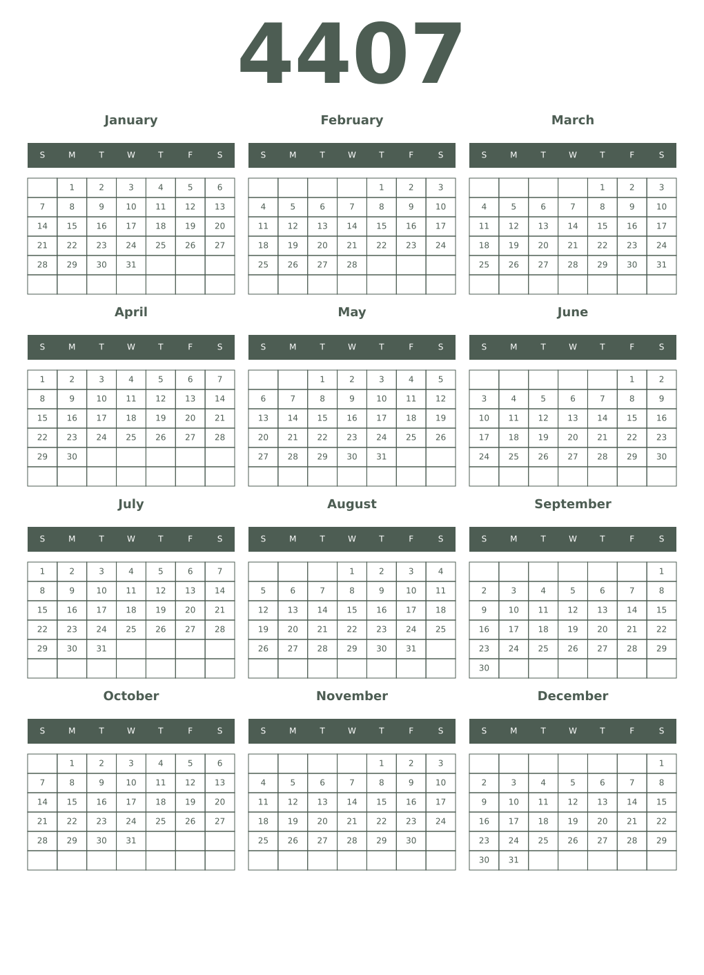 Printable 4407 Year Calendars feldgrau