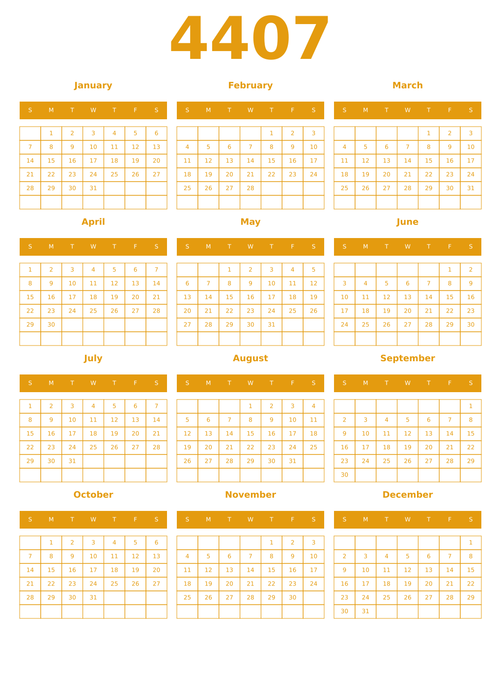 Printable 4407 Year Calendars gamboge