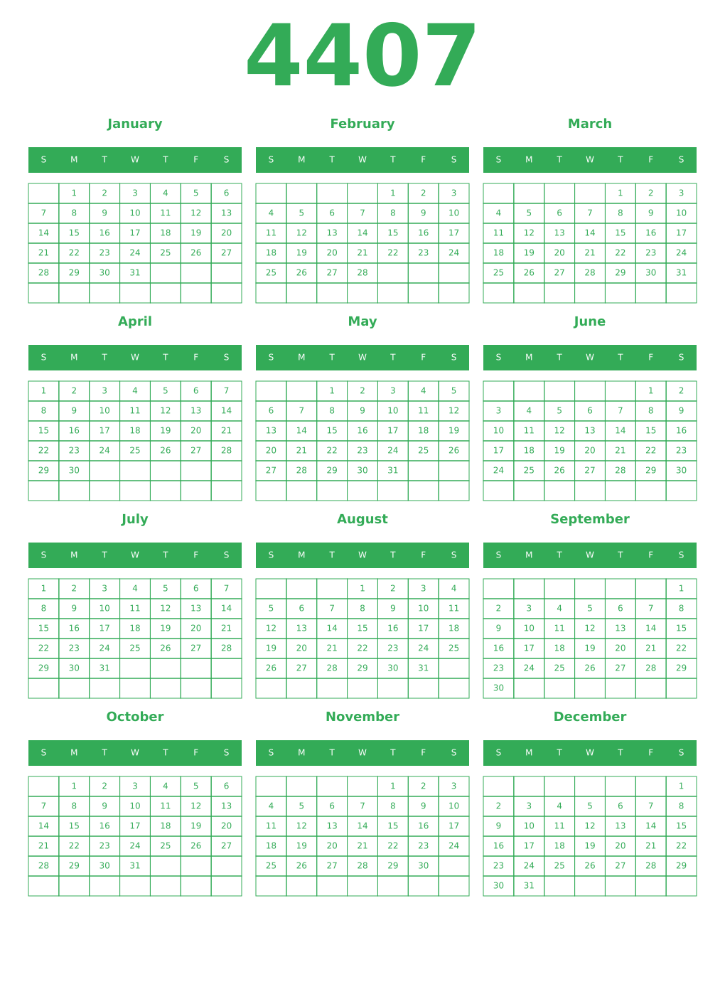Printable 4407 Year Calendars green
