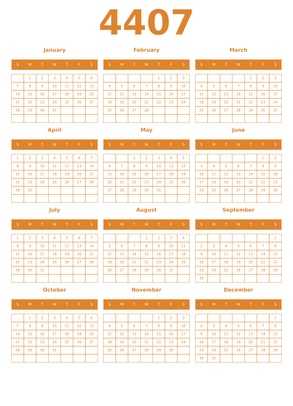 Printable 4407 Year Calendars orange